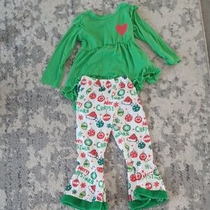 Green Top and Christmas Print Pants Set